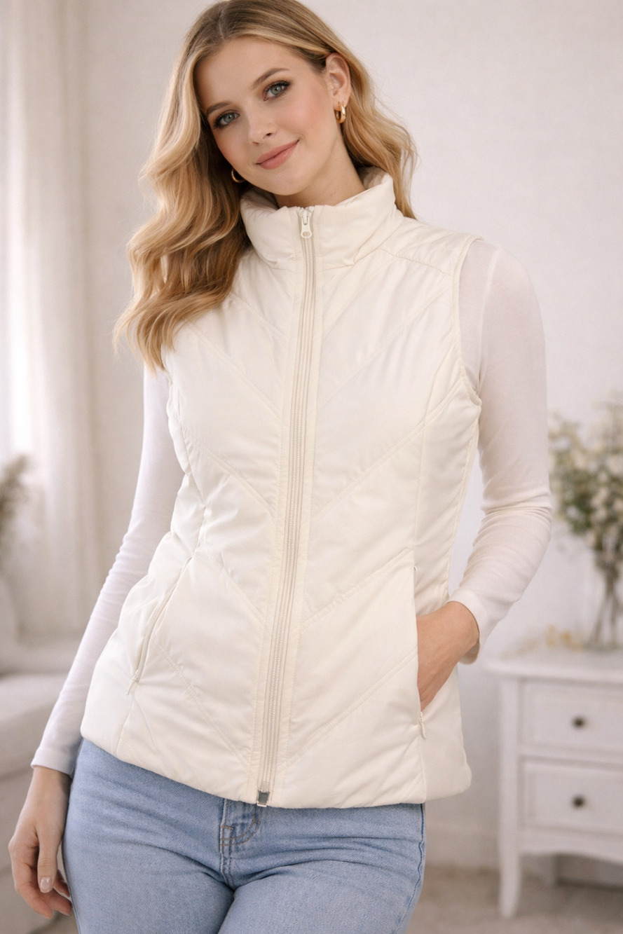 T by Talbots Ivory Quilted Puffer Vest Womens XL Full Zip Preppy Minimalist